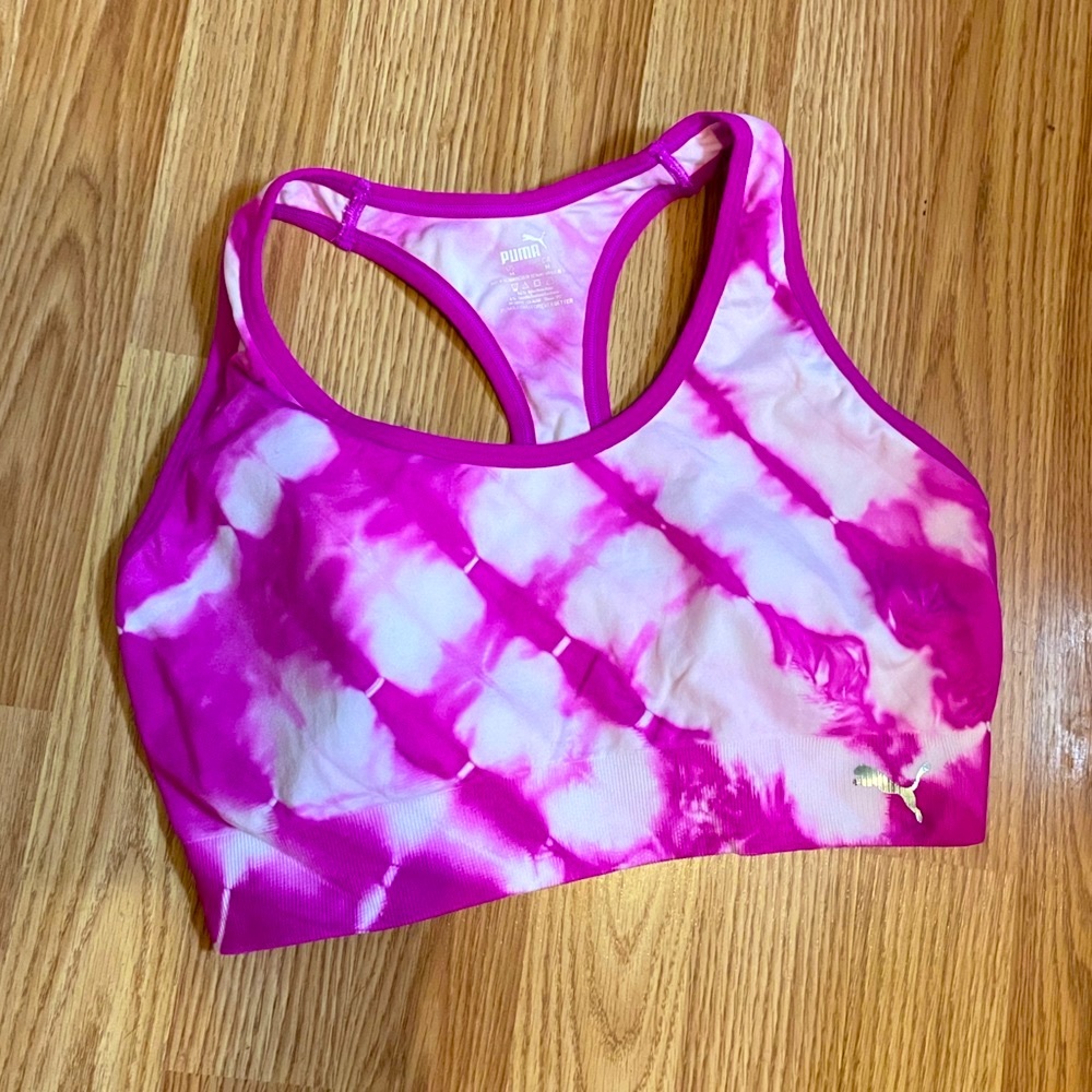 Puma Sports bra stretch tie-dyed w hot pink like new silver metallic puma track